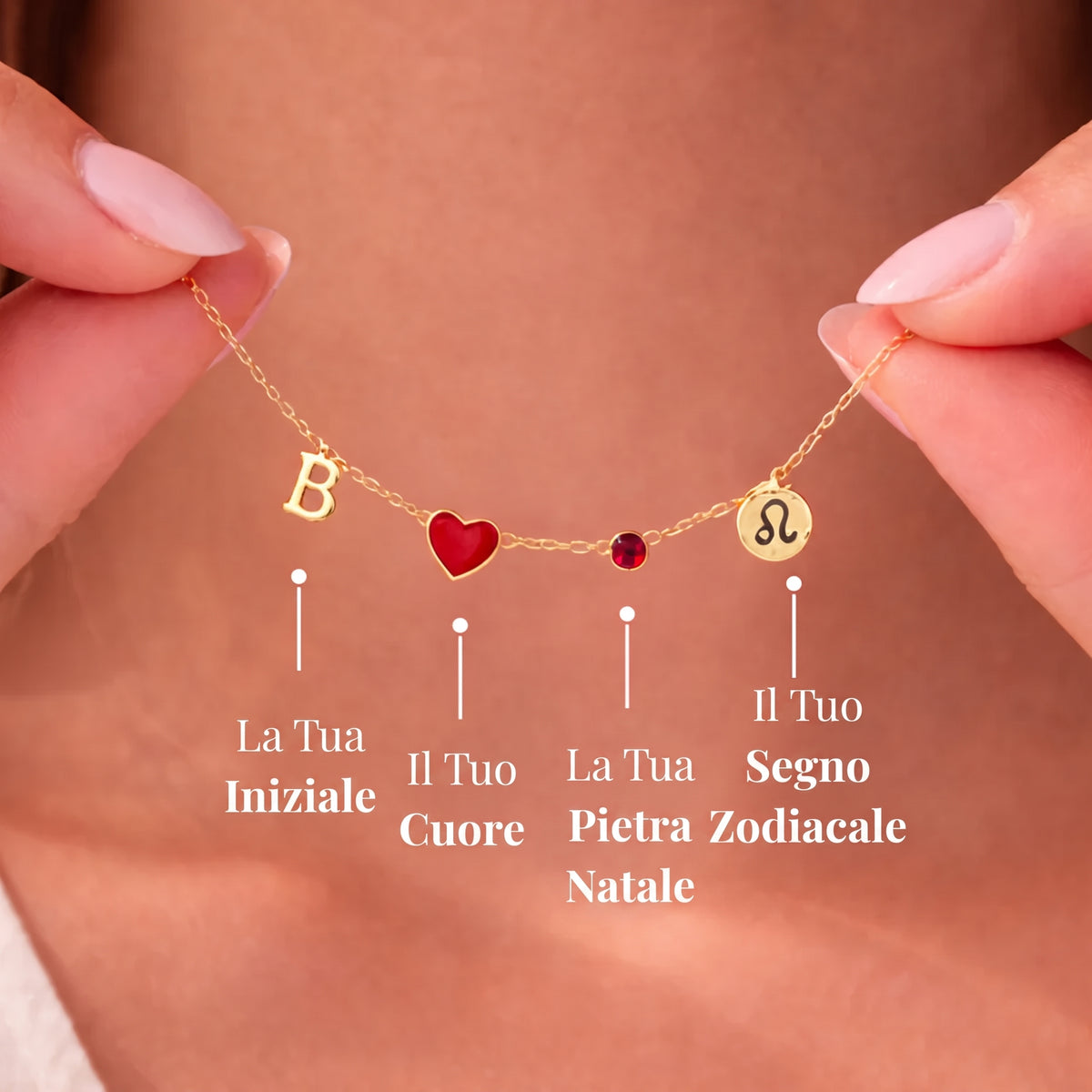 Collana cuore con iniziale, pietra e zodiaco